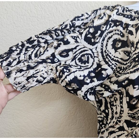 Ann Taylor LOFT Black Tan White Floral Print Elastic Waist Mini Dress XS Pull On - Picture 2 of 4